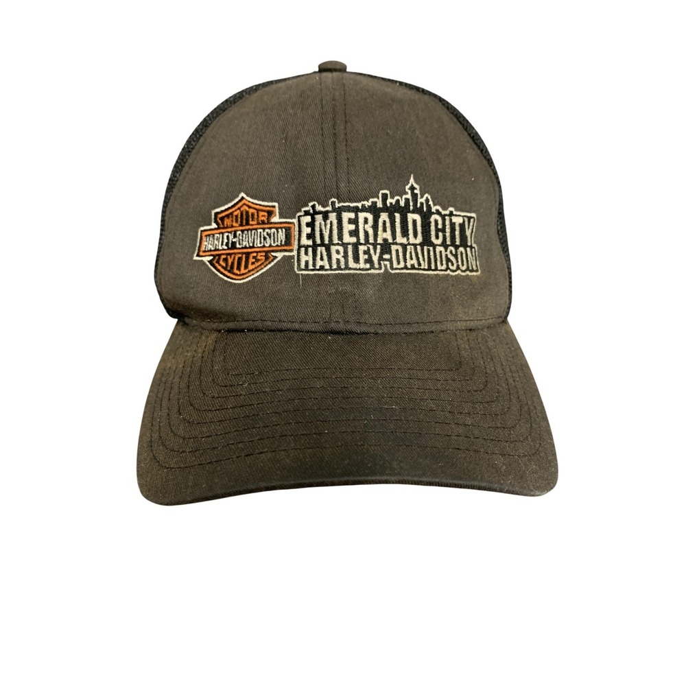 Harley-Davidson Hat Cap Snap Back‎ Black Mesh Trucker Patch Emerald City Mens